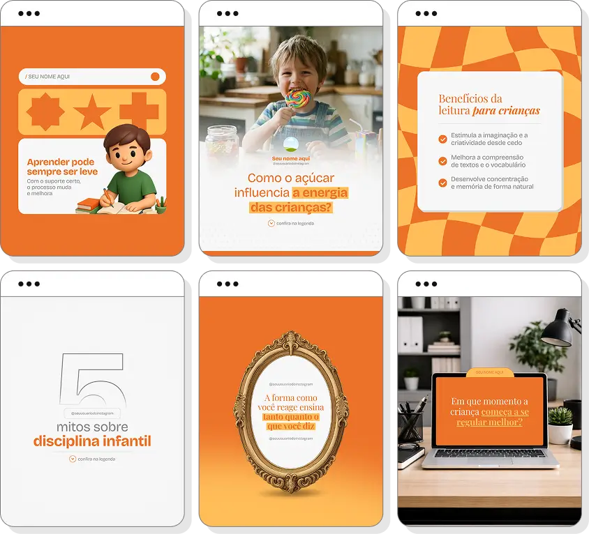 Ideias de post para educação parental com pack de conteúdo para Instagram sobre criação de filhos