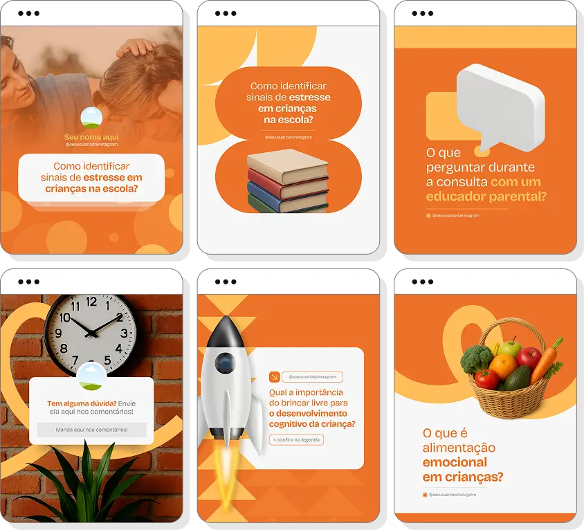 Pack Canva educação parental com posts para Instagram de comportamento infantil e educação familiar