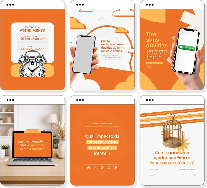 Pack de posts editáveis educação parental com Instagram de parentalidade positiva e desenvolvimento