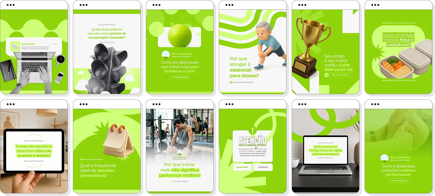 Posts para fisioterapia esportiva com ideias de conteúdo para Instagram sobre lesões e prevenção