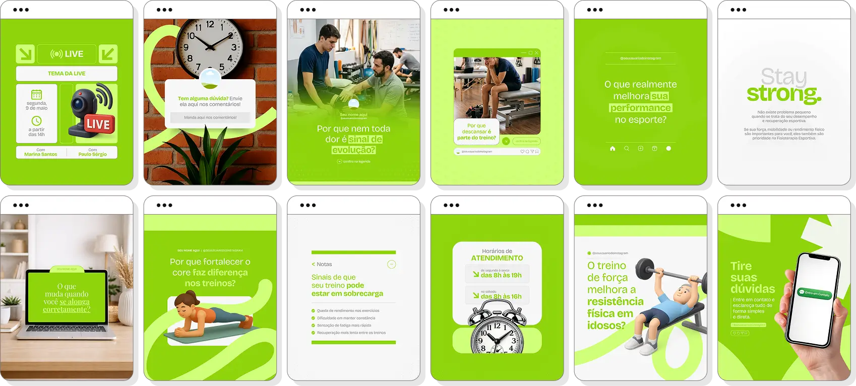 Pack de posts para fisioterapia esportiva com templates no Canva para Instagram sobre lesões e reabilitação
