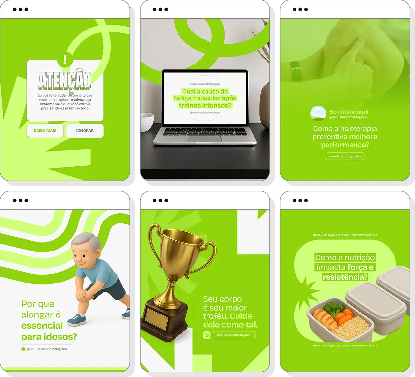 Pack Canva fisioterapia esportiva com posts editáveis para Instagram de recuperação e desempenho esportivo