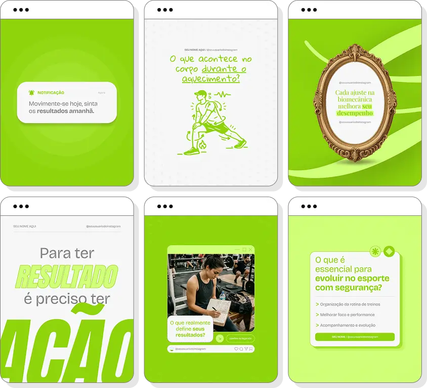 Social media fisioterapia esportiva com pack de posts para Instagram de recuperação e performance