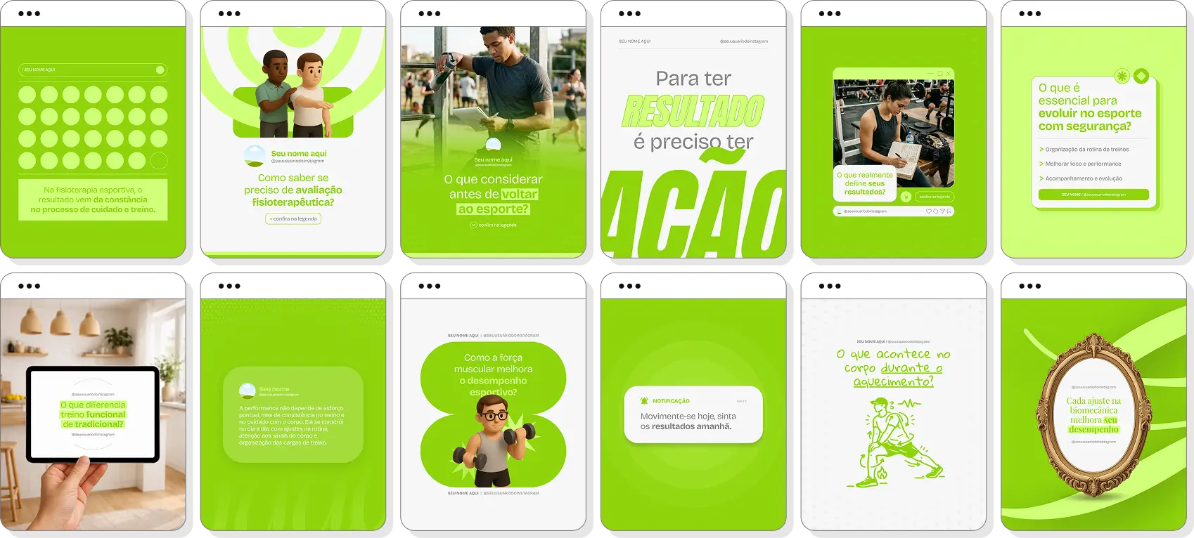 Pack de posts editáveis fisioterapia esportiva com foco em reabilitação e desempenho físico esportivo