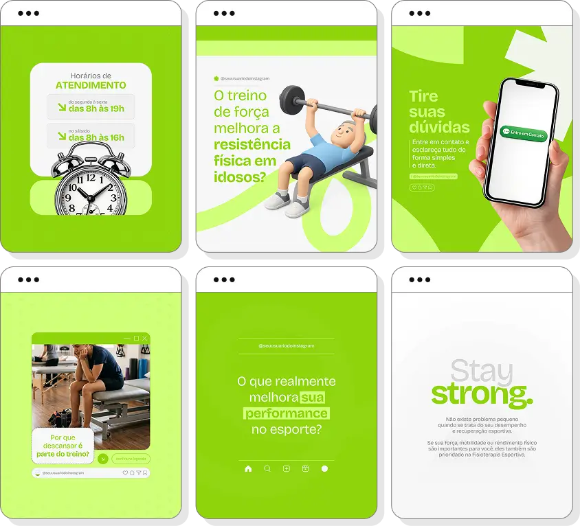 Pack de posts para Instagram fisioterapia esportiva com artes editáveis sobre lesões esportivas