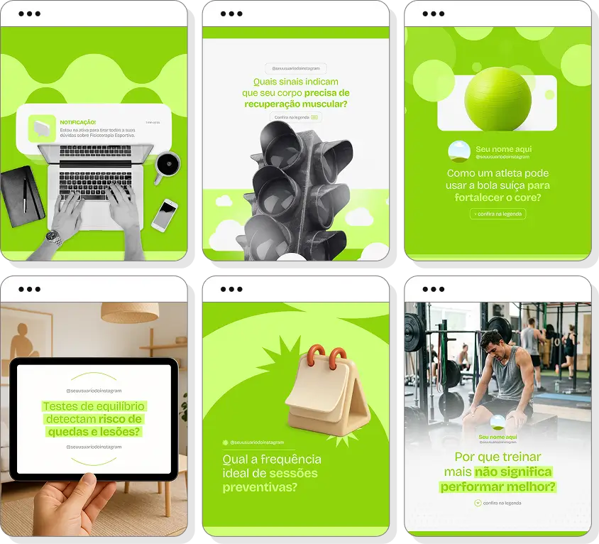 Pack Canva fisioterapia esportiva com ideias de posts para perfil de Instagram sobre reabilitação esportiva