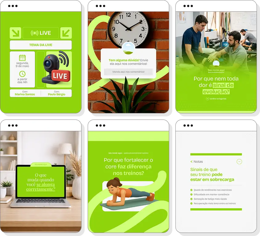Pack social media fisioterapia esportiva com conteúdos para Instagram de prevenção e recuperação