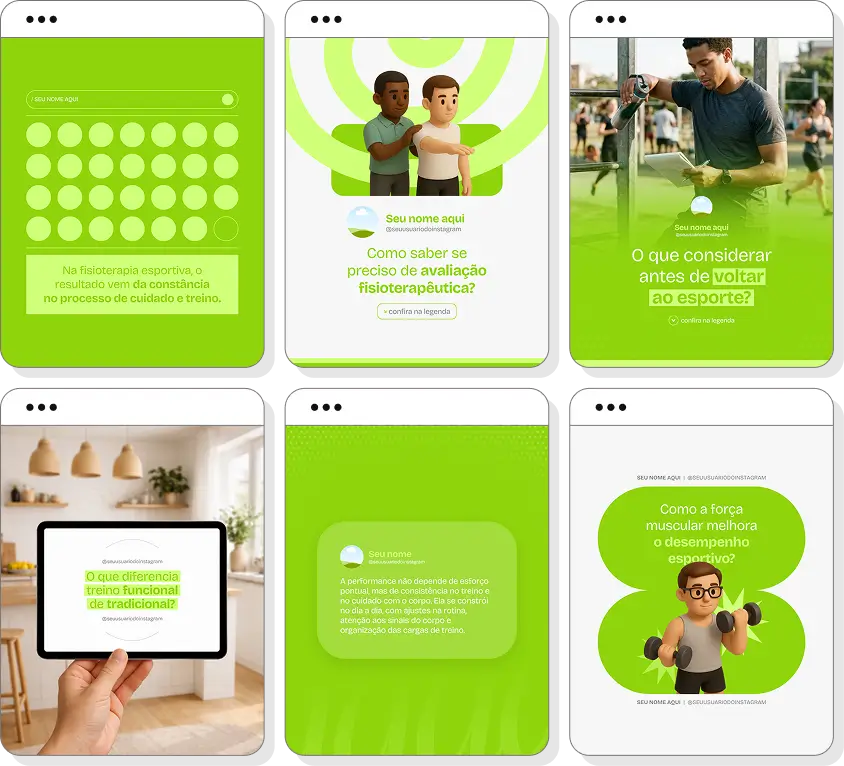 Posts para perfil de fisioterapia esportiva no Instagram com templates Canva sobre desempenho físico