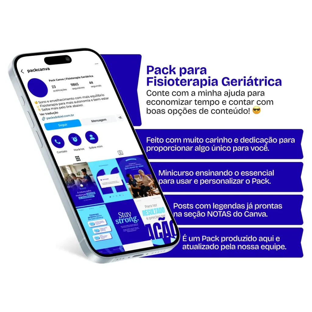 Pack Canva fisioterapia geriátrica com ideias de posts para perfil de Instagram sobre saúde do idoso e mobilidade