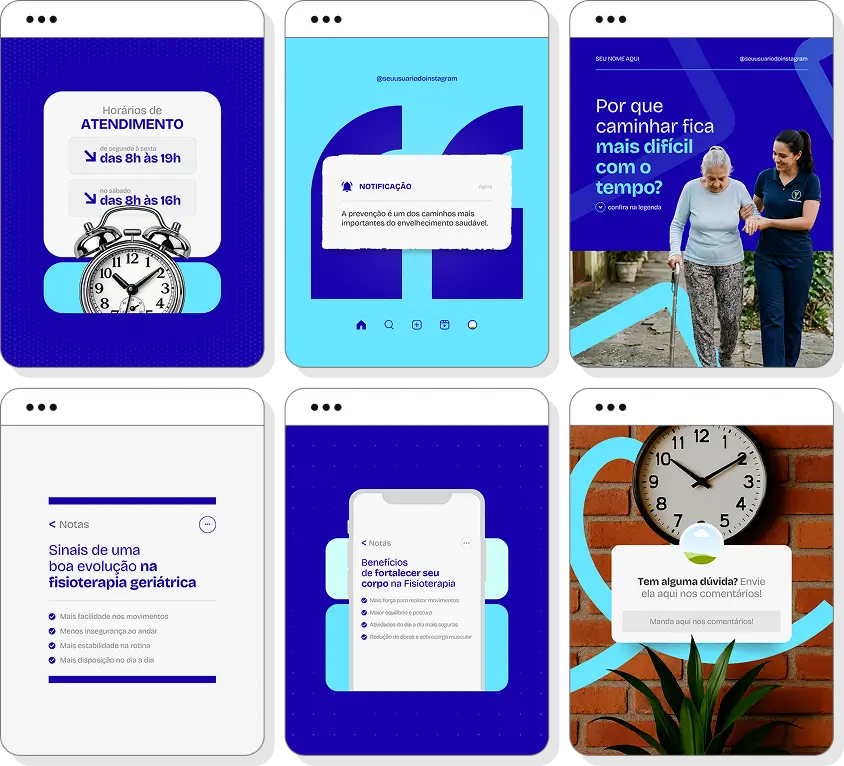 Posts para perfil de fisioterapia geriátrica no Instagram com templates Canva sobre idosos e reabilitação