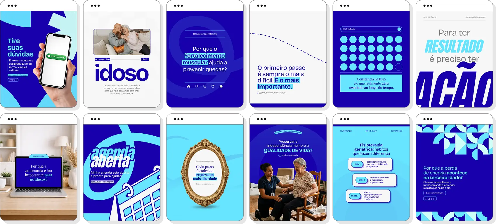 Pack social media fisioterapia geriátrica com posts prontos para Instagram de reabilitação de idosos