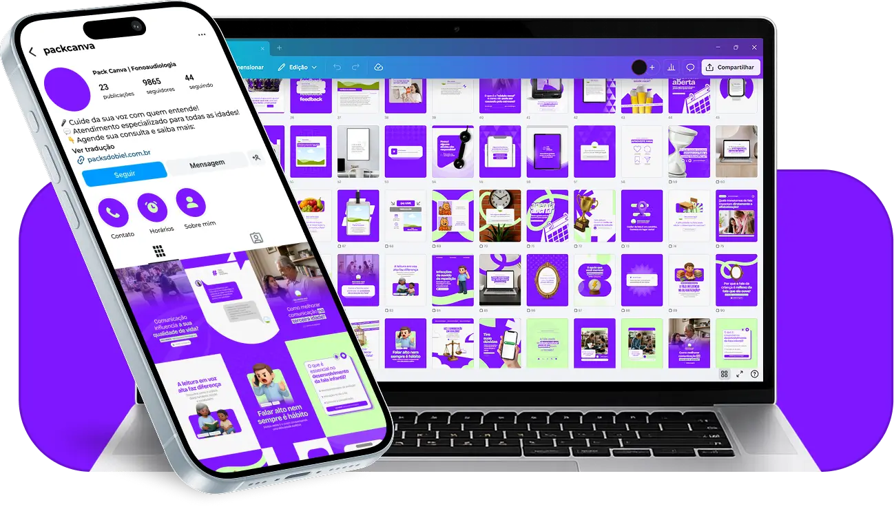 Pack Canva fonoaudiologia com posts editáveis para Instagram de fala, voz e desenvolvimento infantil