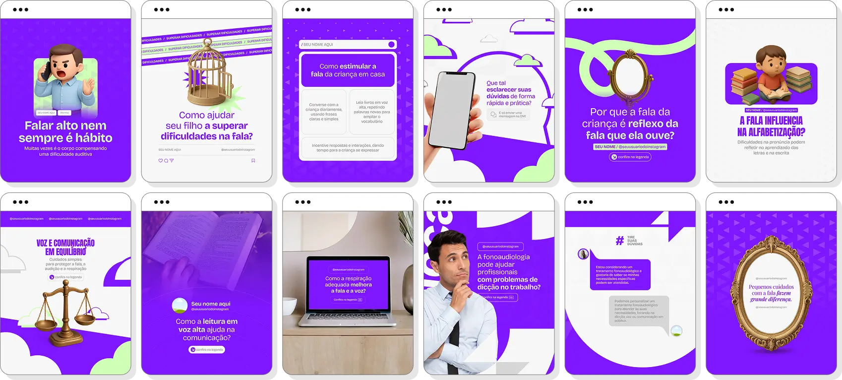 Pack Canva fonoaudiologia com posts editáveis para Instagram de terapia da fala e reabilitação da comunicação