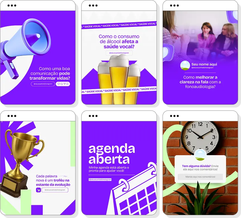 Pack de posts para fonoaudiologia com templates no Canva para Instagram sobre fala, linguagem e comunicação