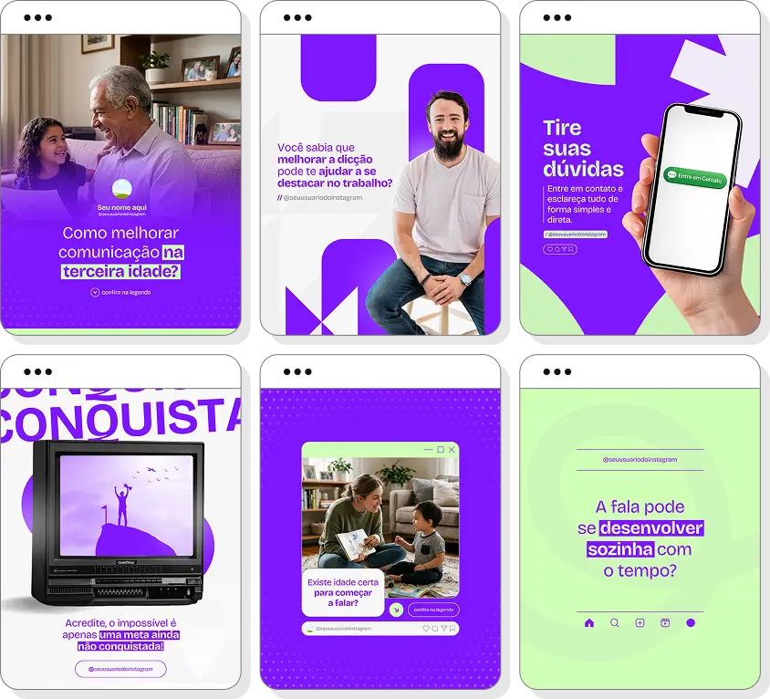 Pack Canva fonoaudiologia com ideias de posts para perfil de Instagram sobre fala, linguagem e comunicação