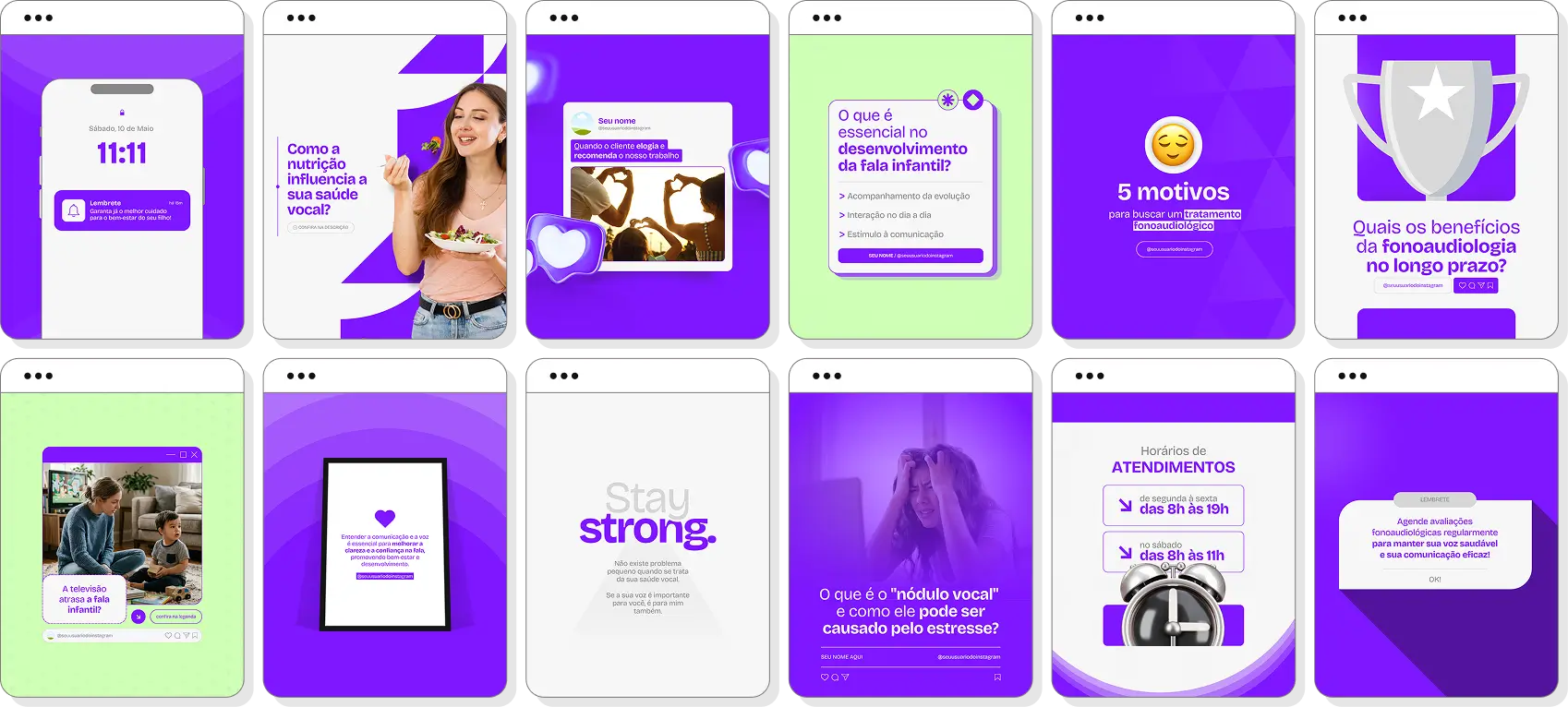 Social media fonoaudiologia com pack de posts para Instagram de terapia da fala e desenvolvimento da linguagem
