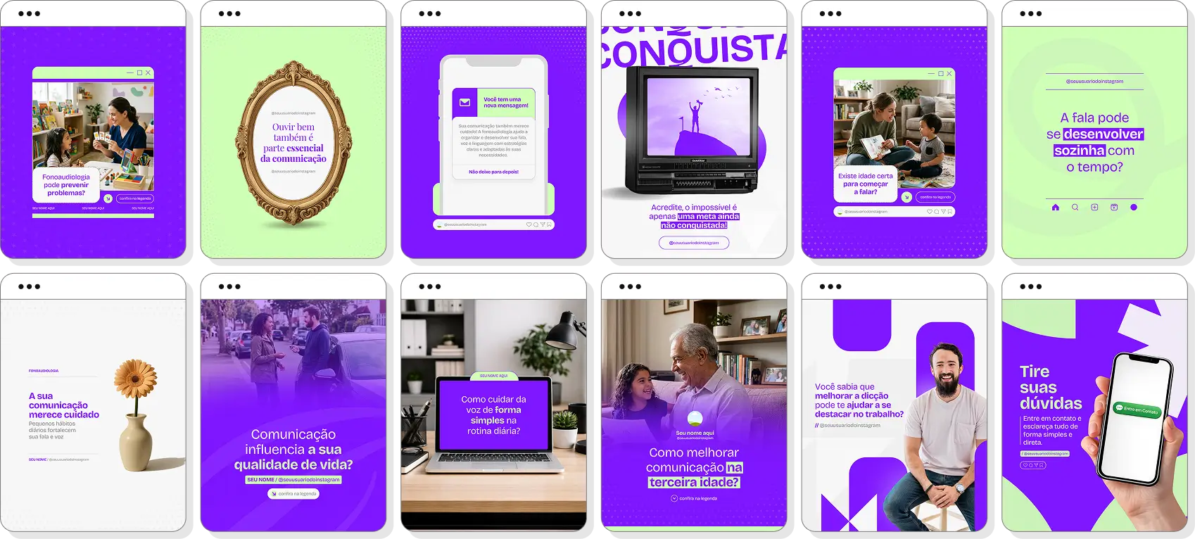 Pack de posts para Instagram fonoaudiologia com artes editáveis sobre comunicação, fala e linguagem