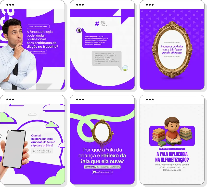 Posts para perfil de fonoaudiologia no Instagram com templates Canva sobre linguagem e reabilitação da fala