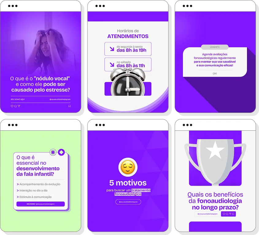 Pack social media fonoaudiologia com conteúdos para Instagram de linguagem, fala e desenvolvimento comunicativo