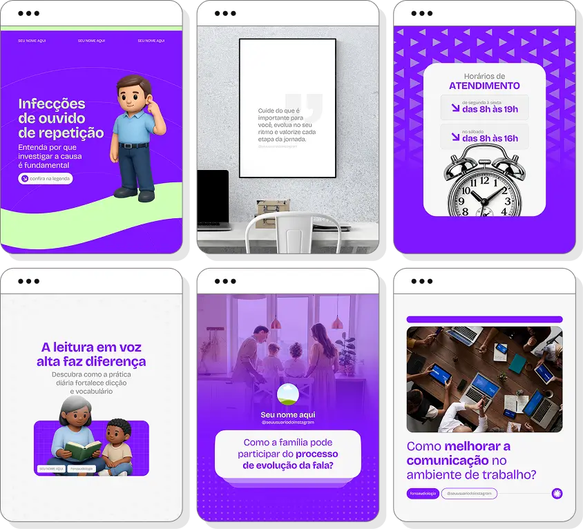 Pack de posts editáveis fonoaudiologia com foco em linguagem, fala e reabilitação da comunicação humana