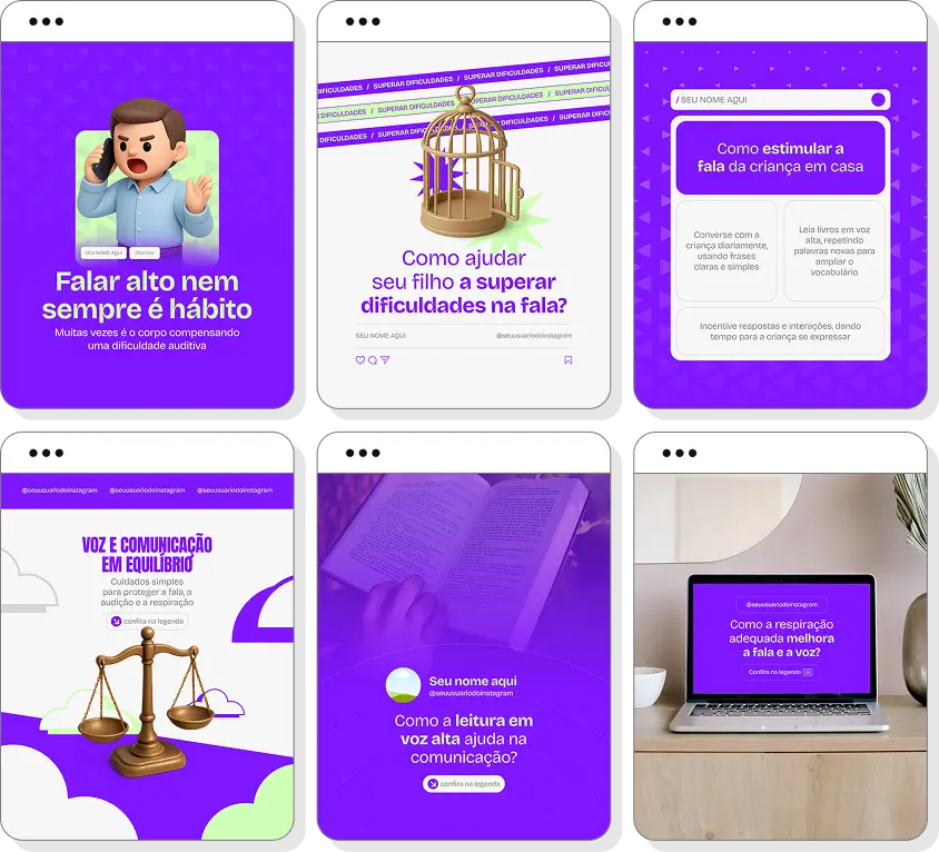 Ideias de post para fonoaudiologia com pack de conteúdo para Instagram sobre linguagem e fala