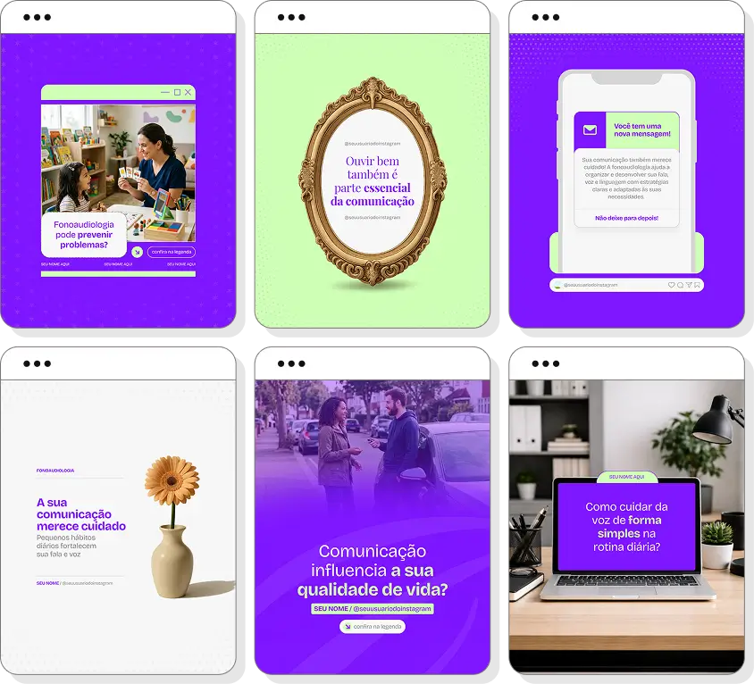 Pack Canva fonoaudiologia com posts para Instagram de terapia da fala, linguagem e comunicação