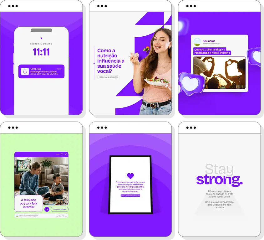 Pack de posts editáveis fonoaudiologia com Instagram de reabilitação da fala e desenvolvimento da comunicação