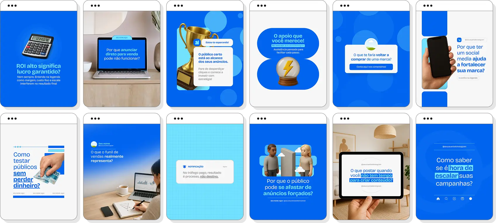 Pack de posts para gestor de tráfego com ideias de conteúdo para Instagram de tráfego pago e negócios