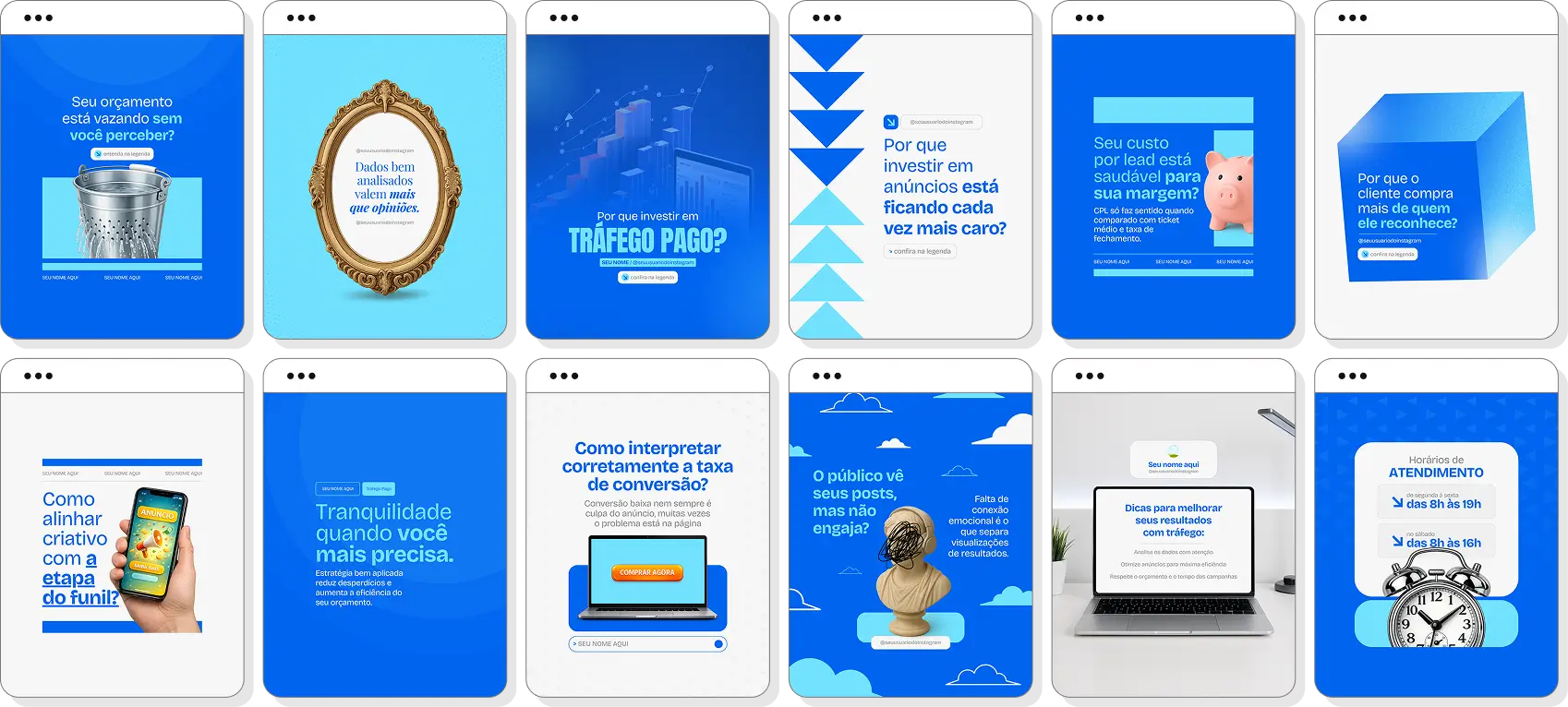 Posts para Instagram gestor de tráfego com pack de templates Canva para marketing digital e vendas