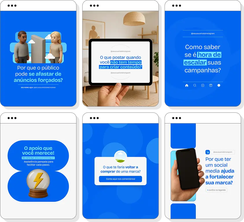 Posts para perfil de gestor de tráfego no Instagram com templates Canva sobre anúncios e resultados digitais