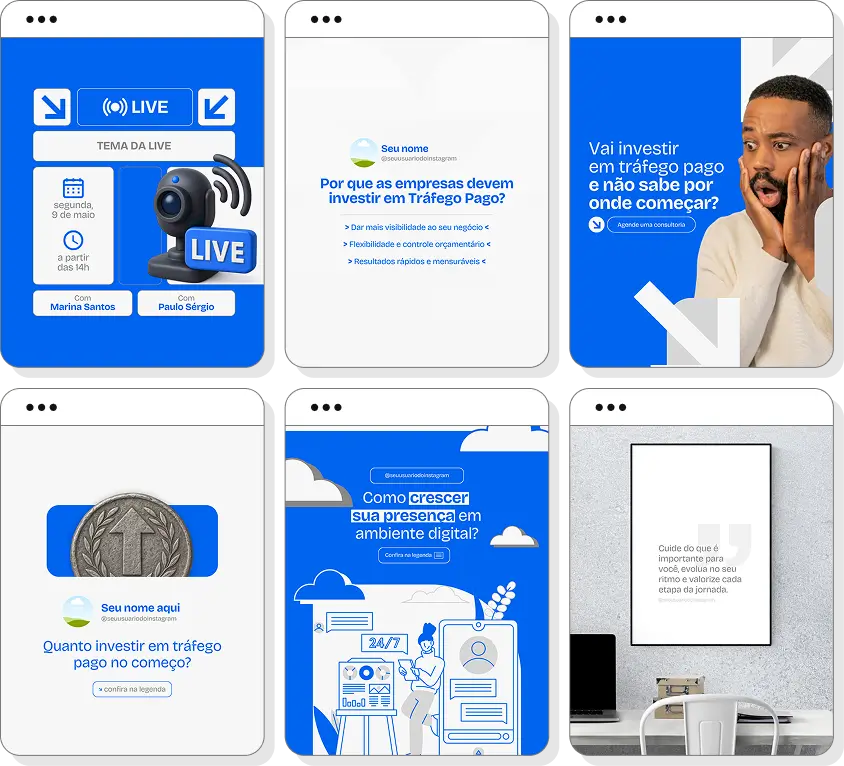 Pack social media gestor de tráfego com conteúdos para Instagram de marketing digital e anúncios online
