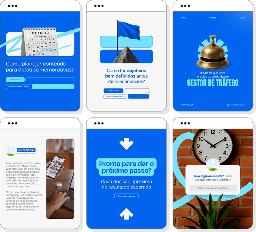 Pack de posts para Instagram gestor de tráfego com artes editáveis sobre campanhas e tráfego pago
