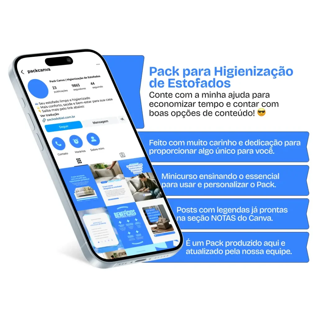 Pack Canva higienização de estofados com ideias de posts para perfil de Instagram sobre limpeza de estofados