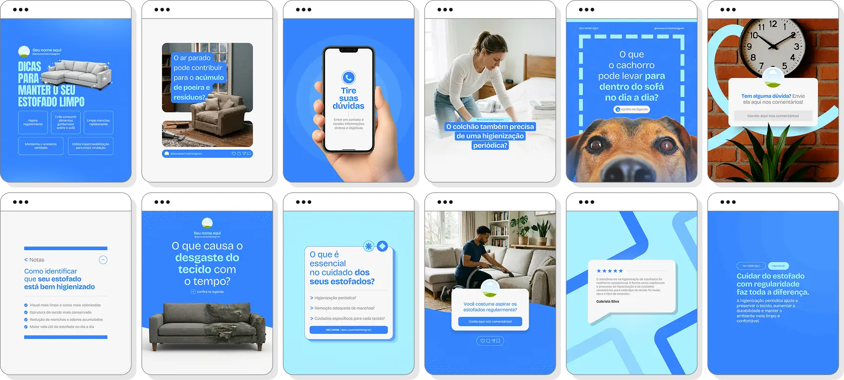 Pack Canva higienização de estofados com posts editáveis para Instagram de limpeza profunda de sofás e colchões