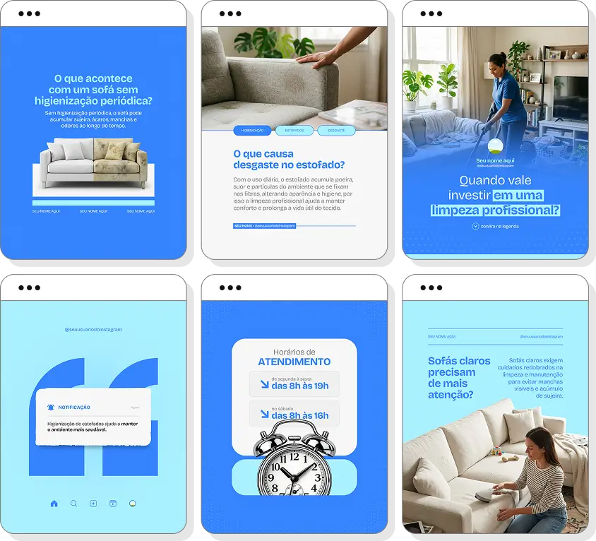 Posts para higienização de estofados com ideias de conteúdo para Instagram sobre limpeza de sofás e higiene doméstica