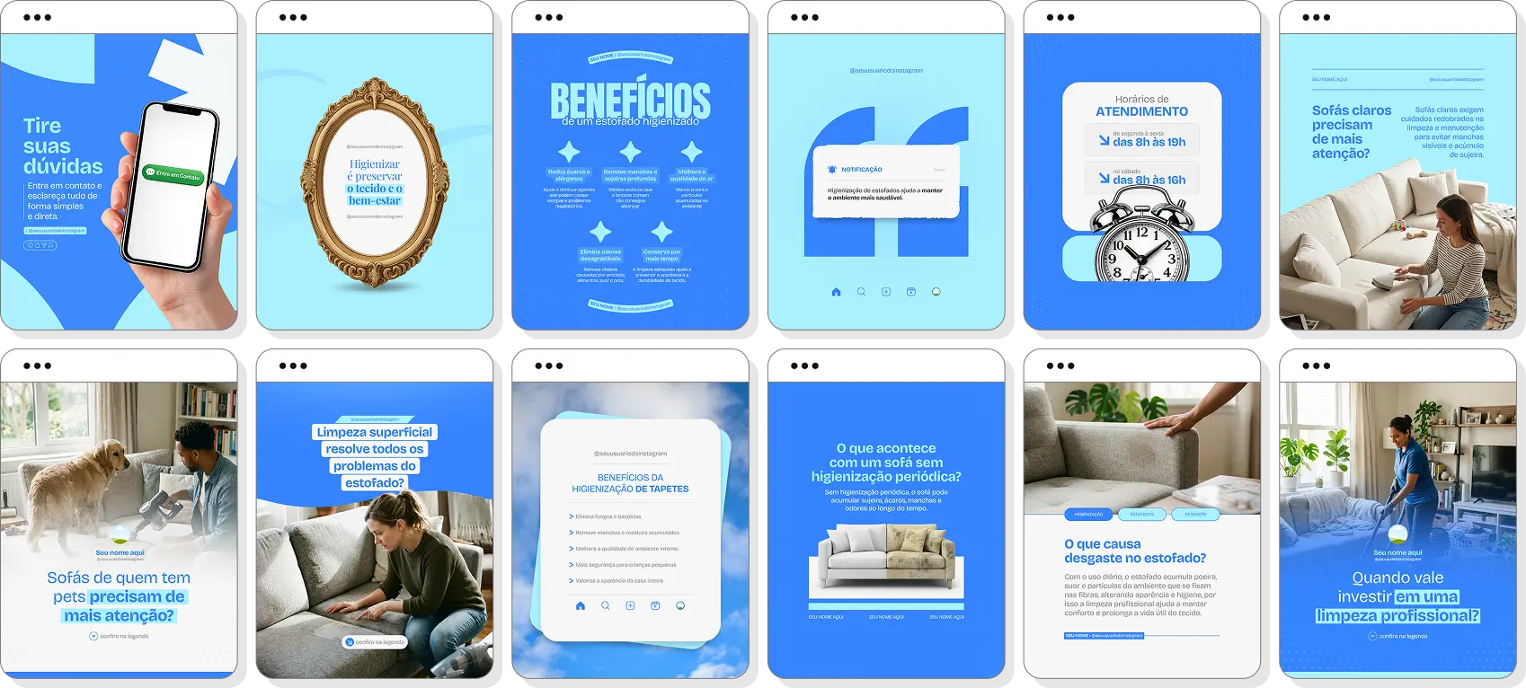 Pack de posts editáveis higienização de estofados com foco em limpeza profunda e remoção de sujeiras e ácaros
