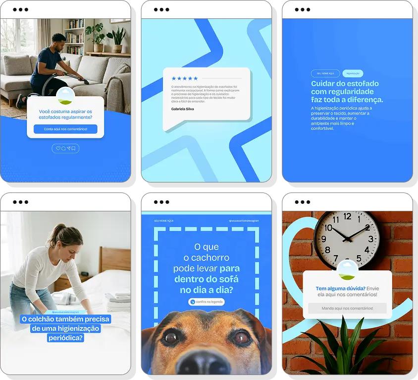 Social media higienização de estofados com pack de posts para Instagram de limpeza profissional de estofos