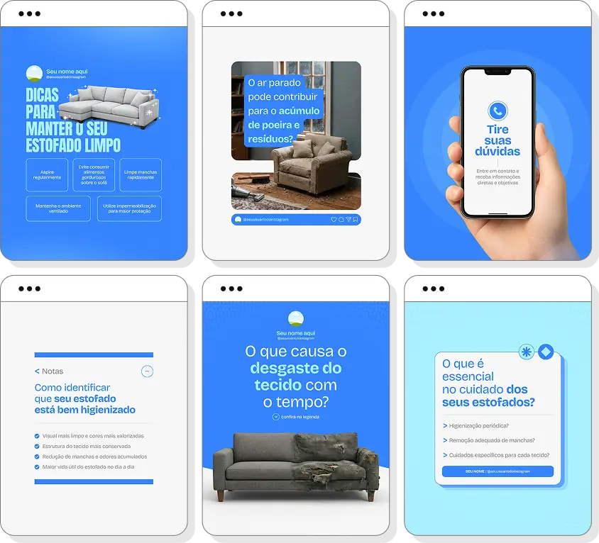 Pack social media higienização de estofados com conteúdos para Instagram de limpeza e higienização profunda