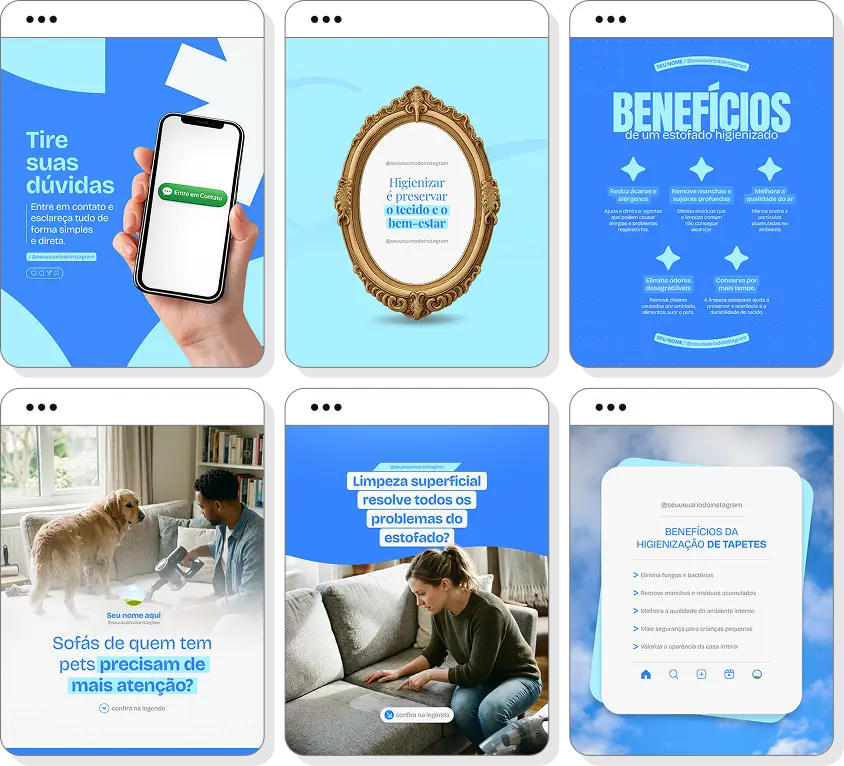 Pack de posts para Instagram higienização de estofados com artes editáveis sobre limpeza de estofos e tapetes