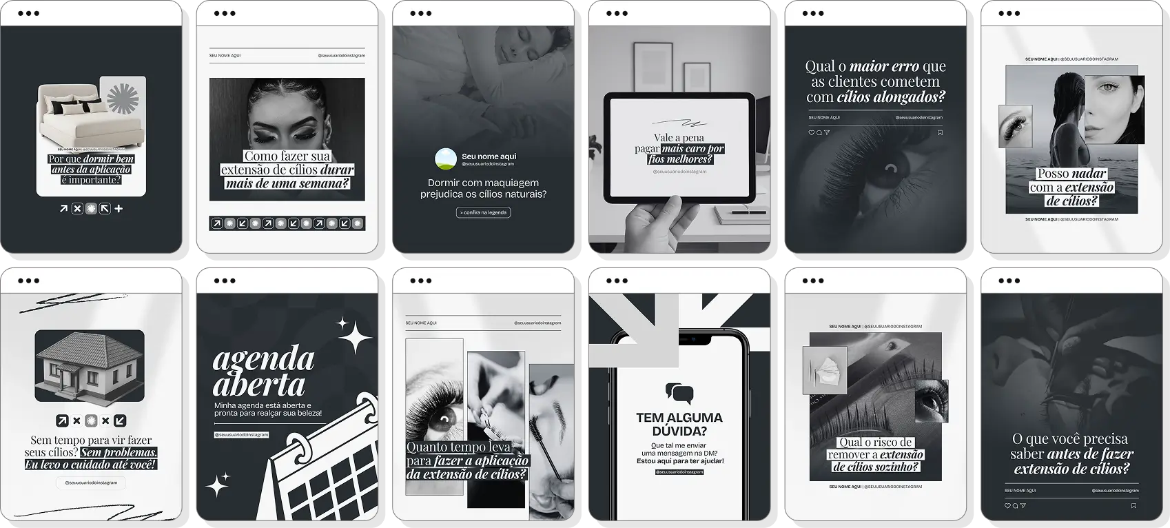 Social media lash designer com pack de posts editáveis para Instagram de extensão de cílios