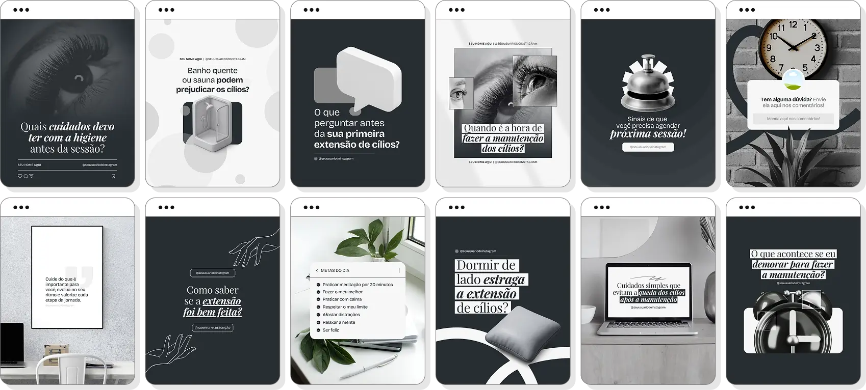 Pack de lash designer com conteúdos para Instagram de beleza, cílios e design de olhar