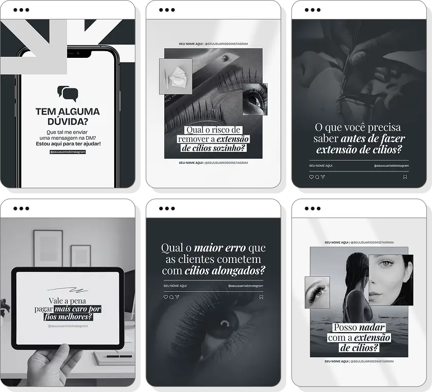 Pack Canva lash designer com posts para Instagram de cílios, estética e design de olhar profissional