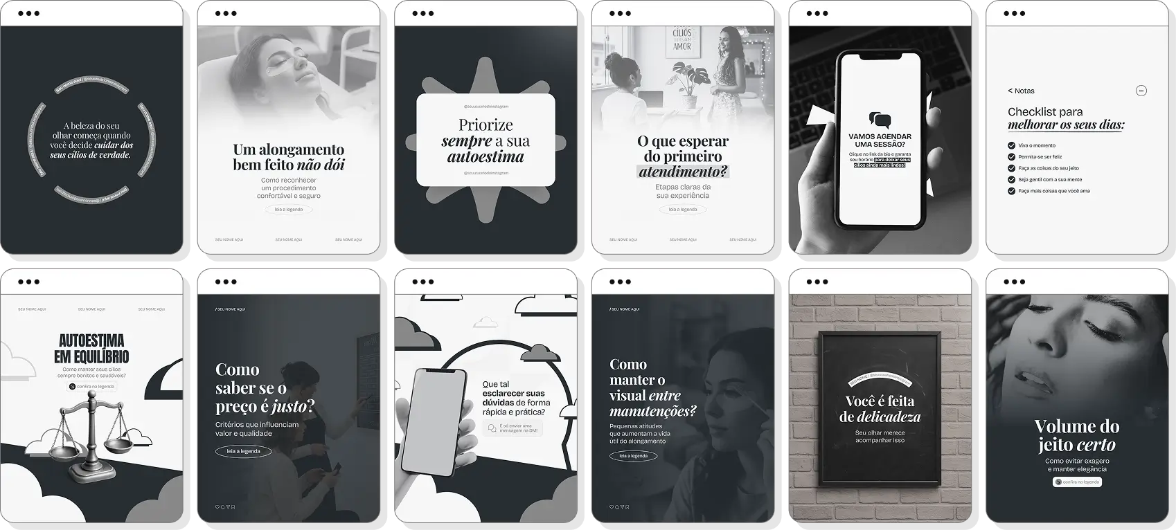 Ideias de post para lash designer com pack Canva de conteúdos para Instagram sobre cílios