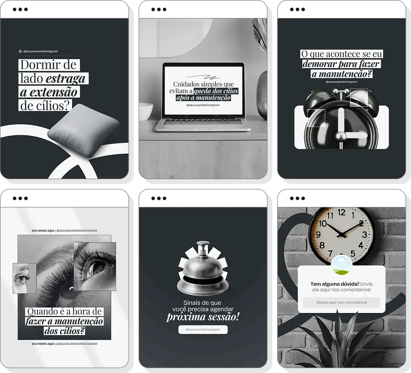 Posts editáveis lash designer com pack de templates para Instagram de extensão de cílios