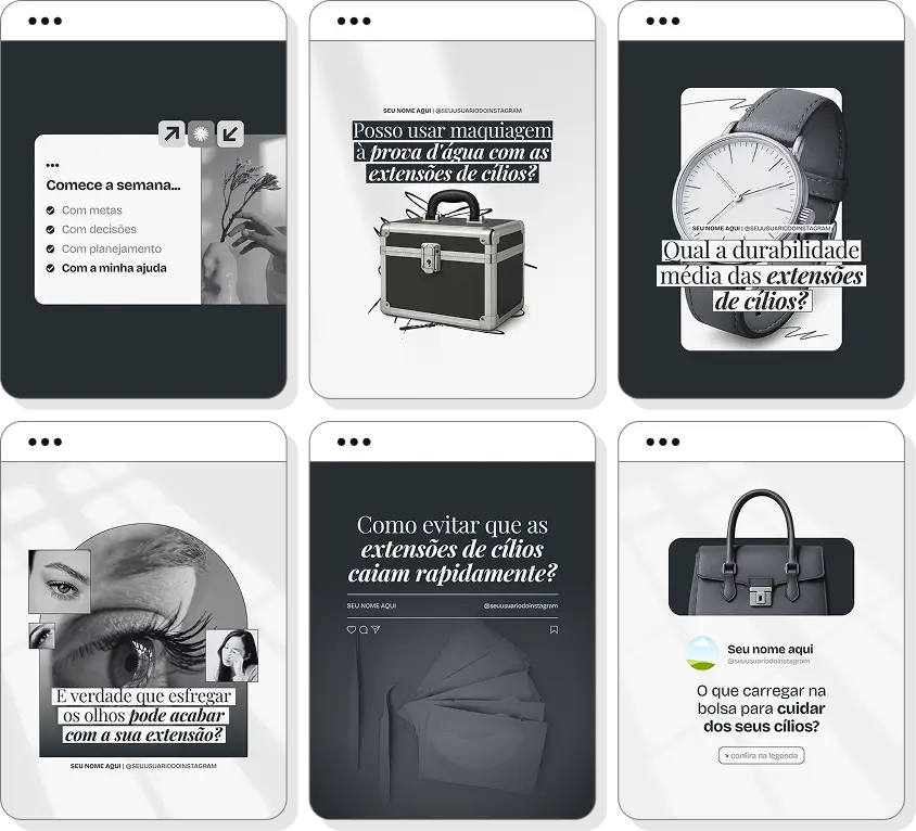 Pack Canva lash designer com ideias de posts para Instagram de extensão de cílios e design
