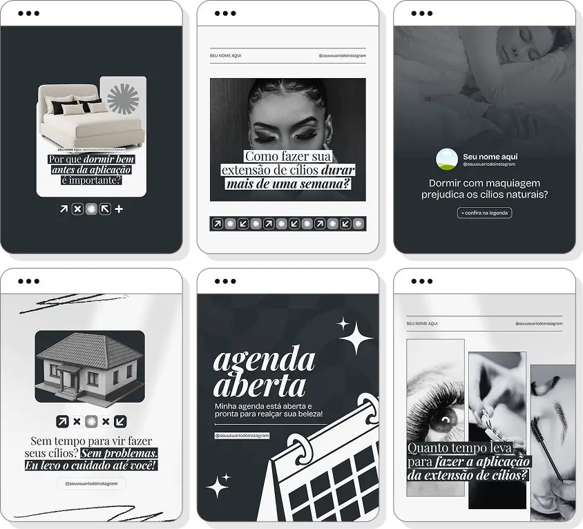 Posts para Instagram lash designer com pack de conteúdo editável sobre extensão de cílios