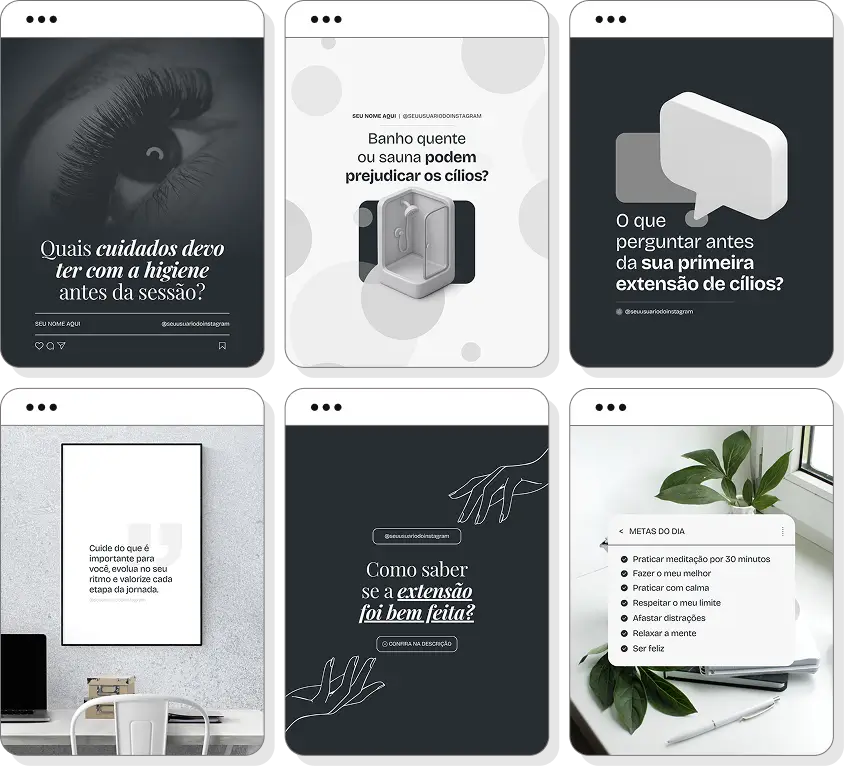 Posts para Instagram lash designer com pack de social media editável para profissionais de cílios