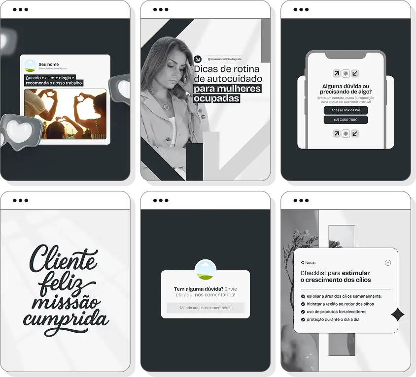 Pack Canva lash designer com conteúdos para Instagram de beleza do olhar e extensão de cílios