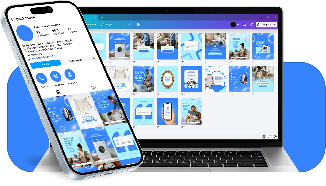 Pack Canva lavanderia com ideias de posts para perfil de Instagram sobre cuidados com roupas e lavanderia