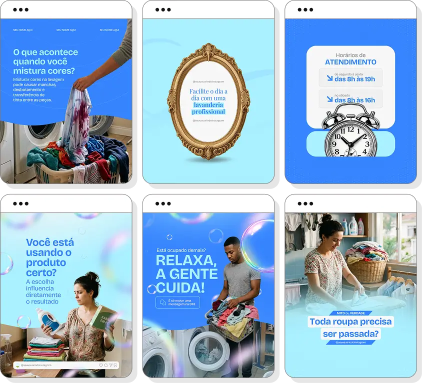 Posts para perfil de lavanderia no Instagram com templates Canva sobre lavagem e conservação de roupas